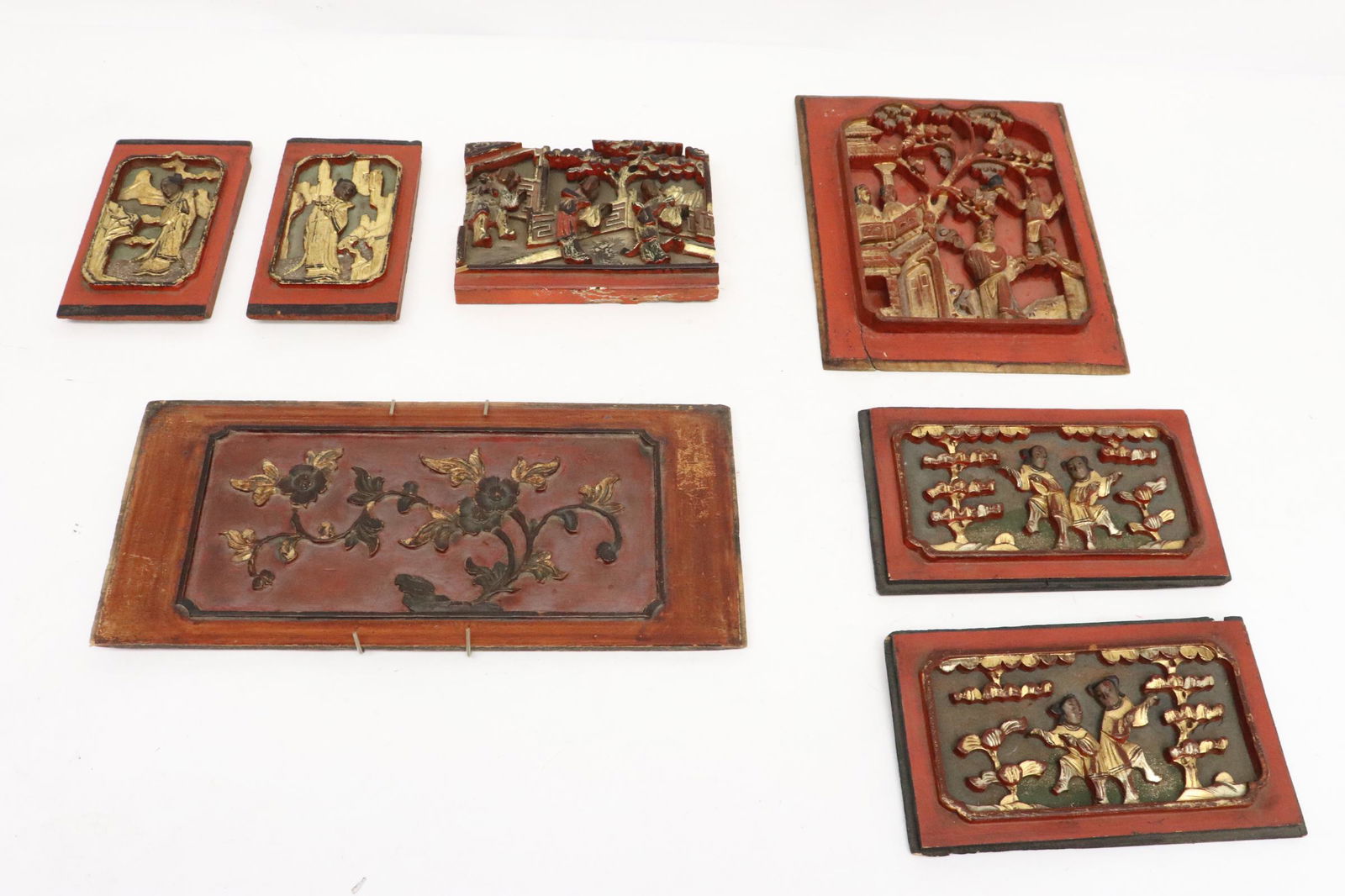 Lot of Chinese antique wood carved & painted plaques (1 of 9)