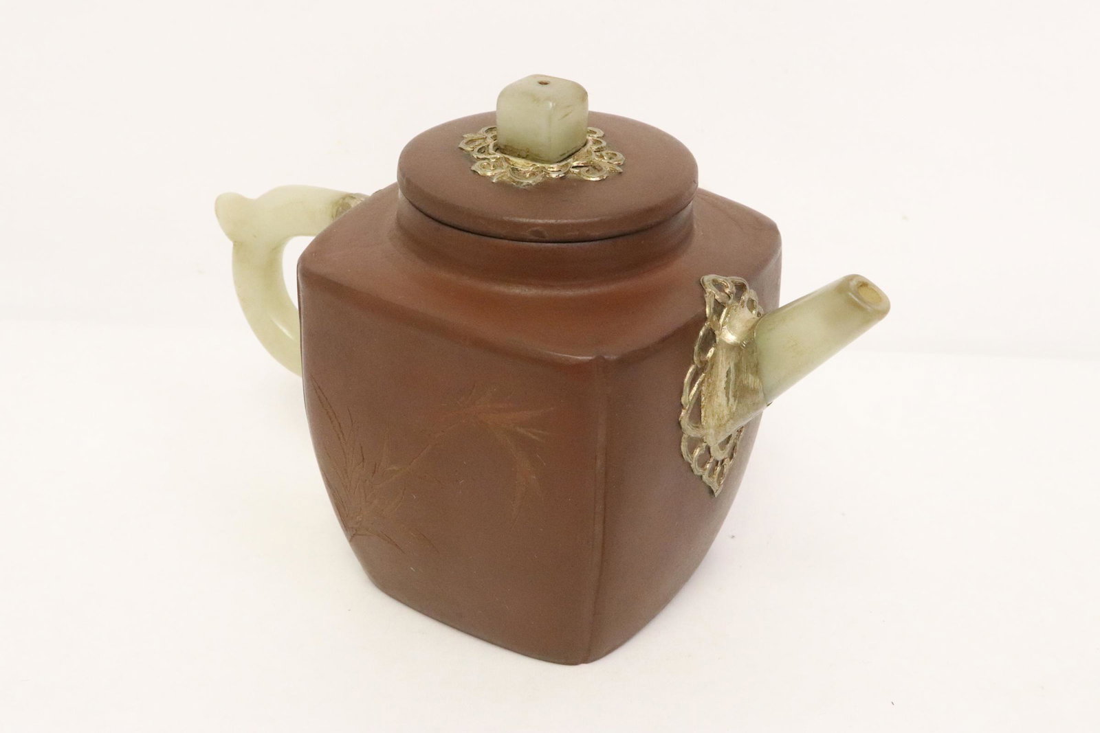 Chinese Yixing teapot w/ jade like handle & spout (1 of 10)