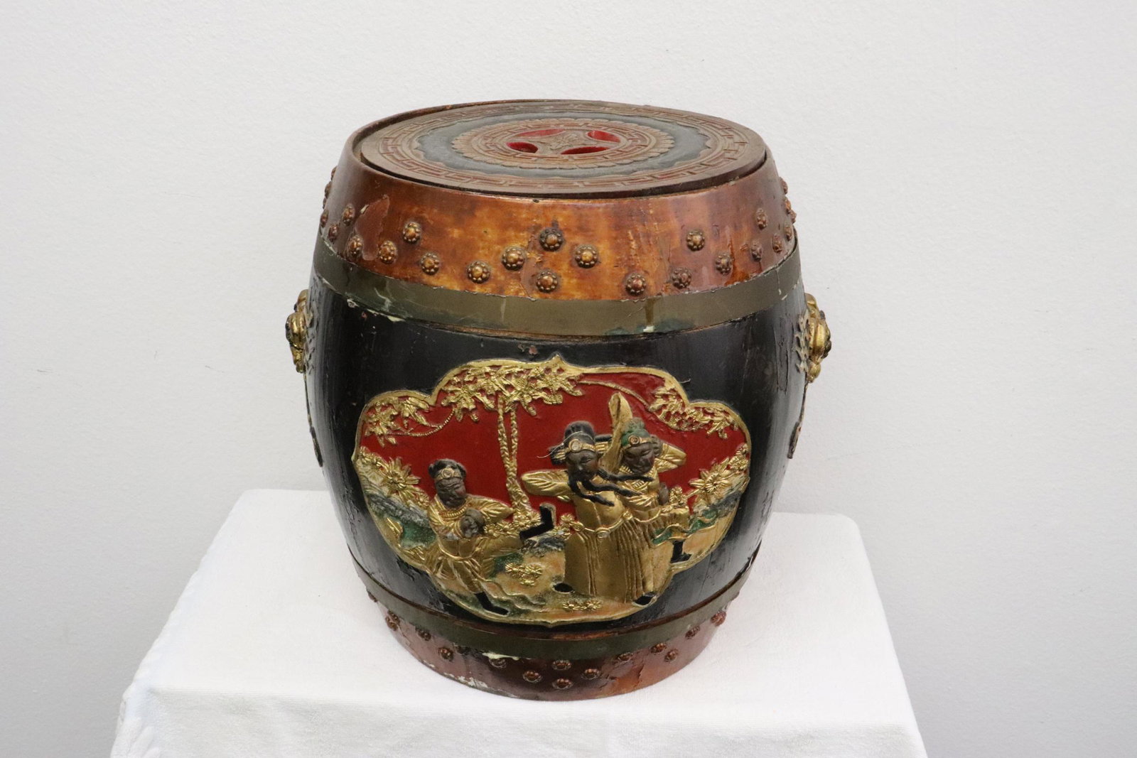 Antique Chinese painted wood rice barrel (1 of 10)