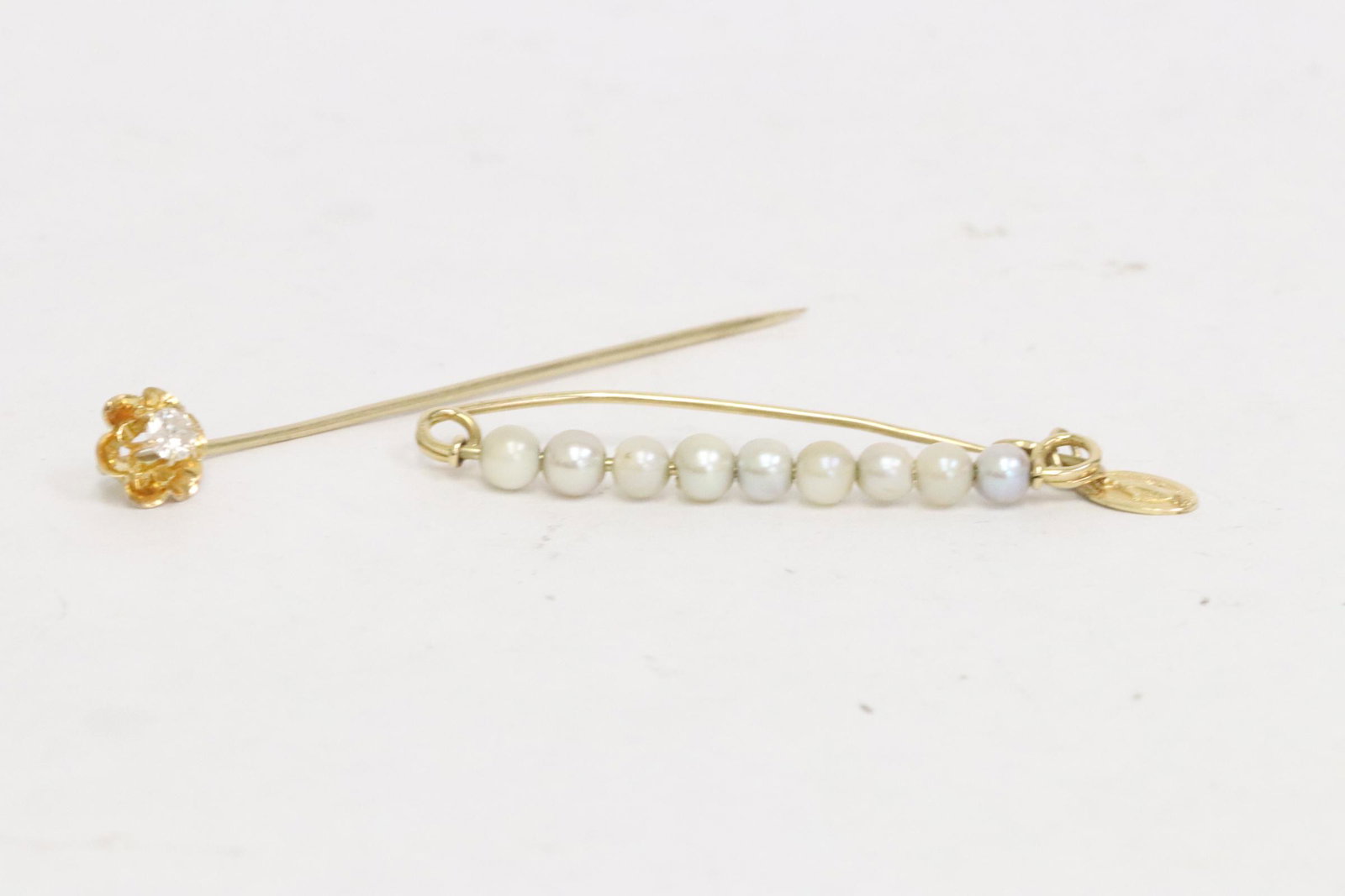 14K stick pin with diamond, & a 14K pearl brooch (1 of 10)