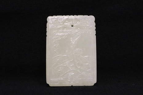 Chinese antique light celadon jade carved plaque: A very fine Chinese antique light celadon jade carved plaque, 2.3"x1.6"x0.2"