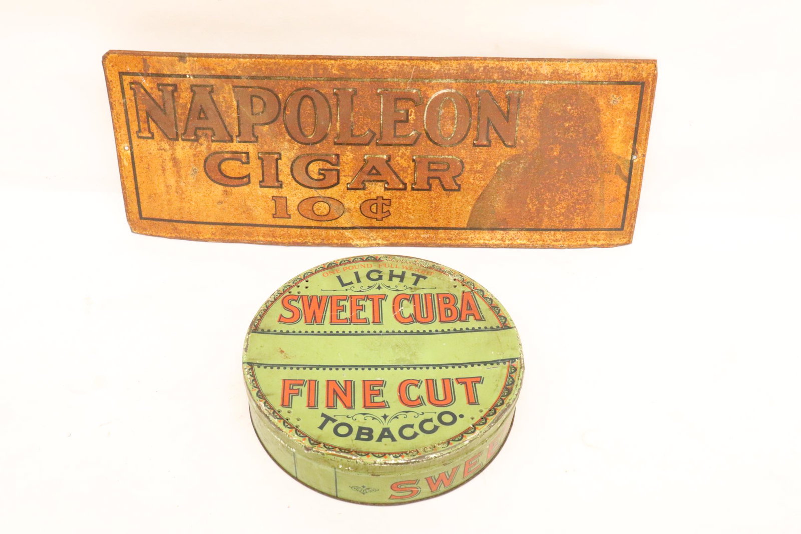 Antique advertising sign, & an advertisement tin box: Antique cigar advertising sign (7.1"x19.2"), and an advertisement tin box (2.1"x8.4"dia)