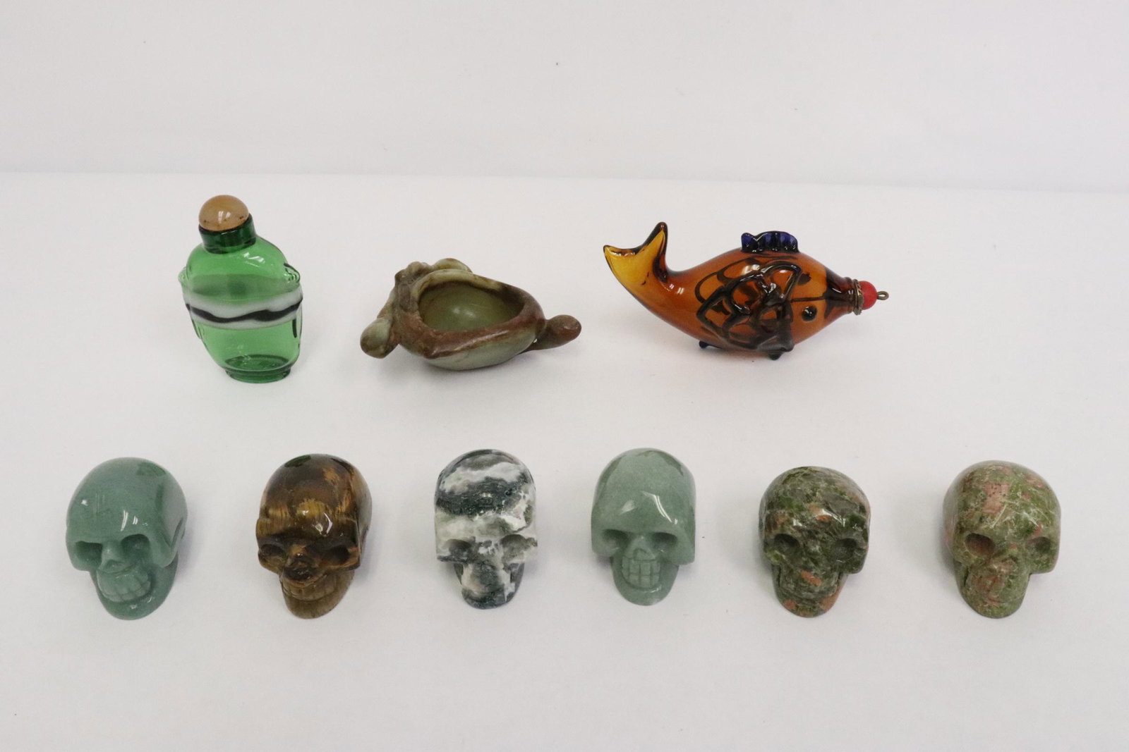 6 stone skulls, 2 snuff bottles & a jade carved brush wash (1 of 10)