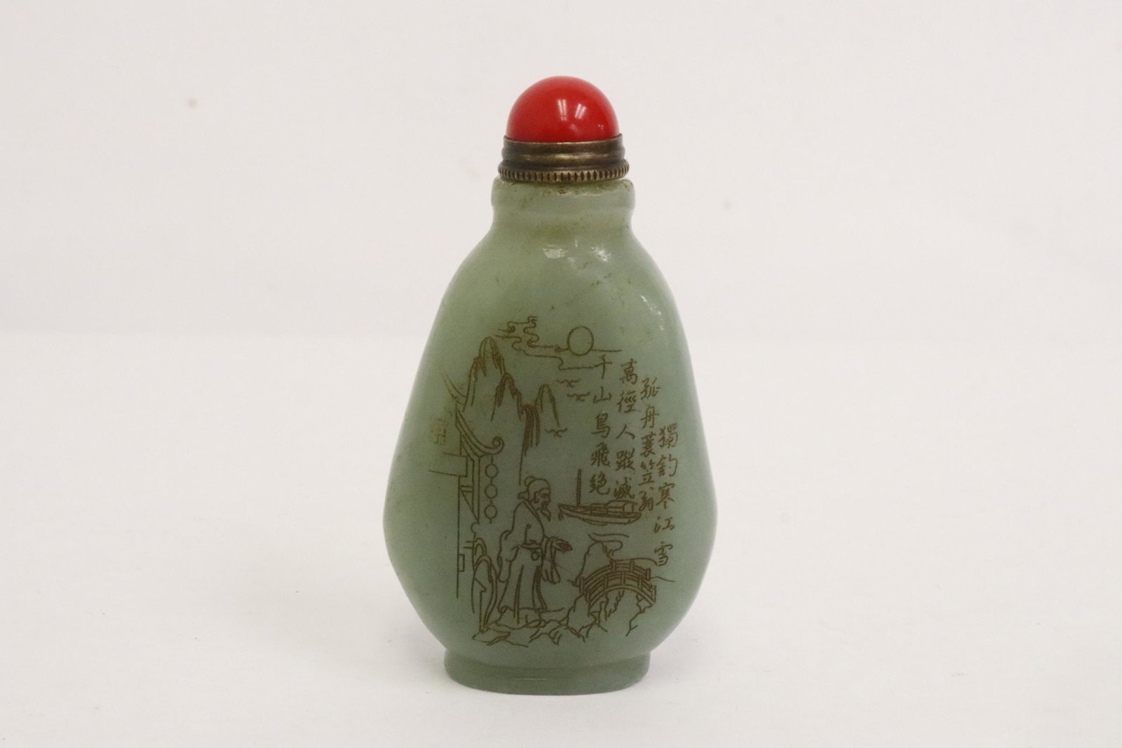 Celadon jade carved snuff bottle (1 of 8)