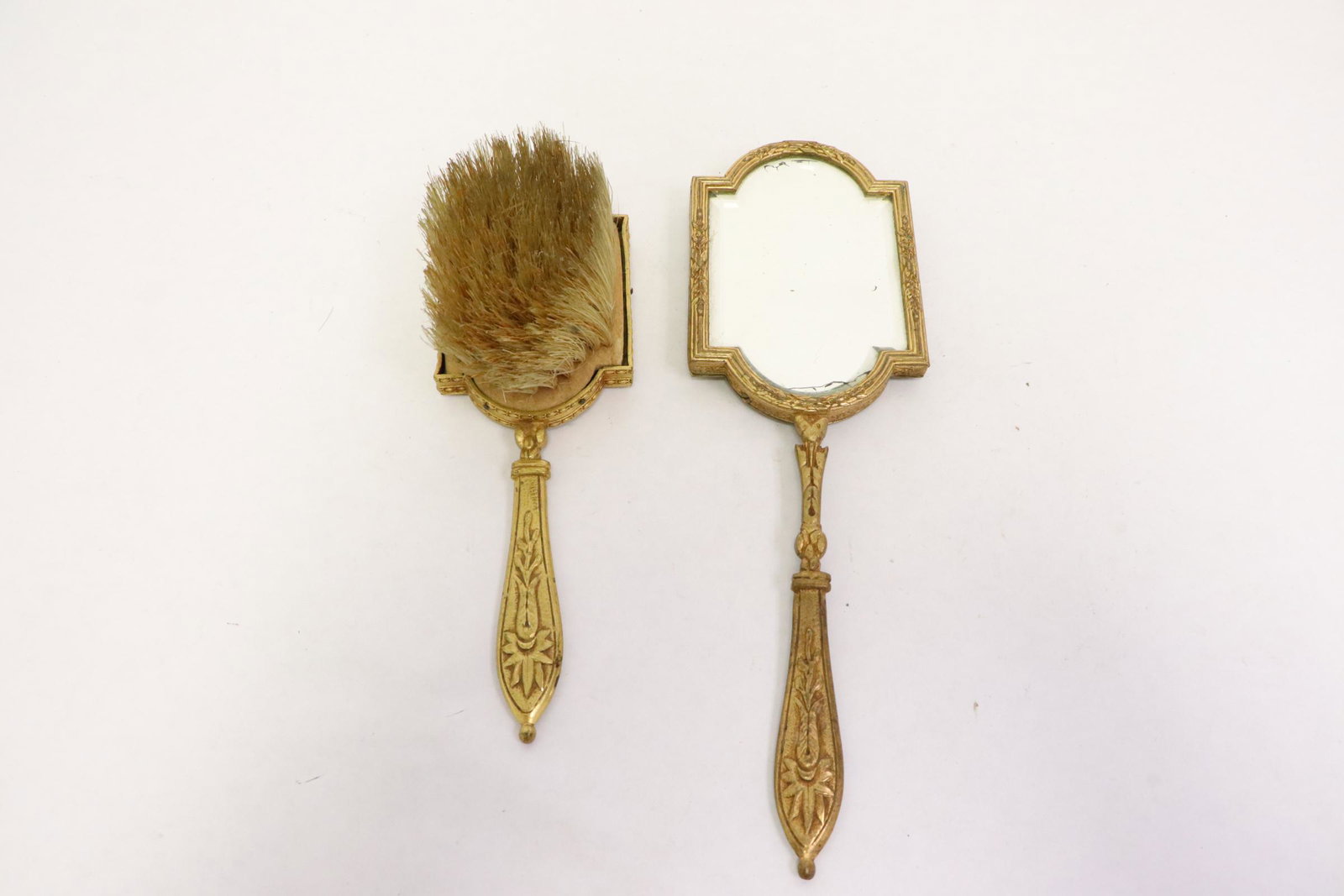 European antique dressing brush & mirror w/ portrait: 2 pieces European antique dressing brush and mirror with portrait, one portrait chip, 6.4"x2.1"x1.4", 8.3"x2.6"x0.4"