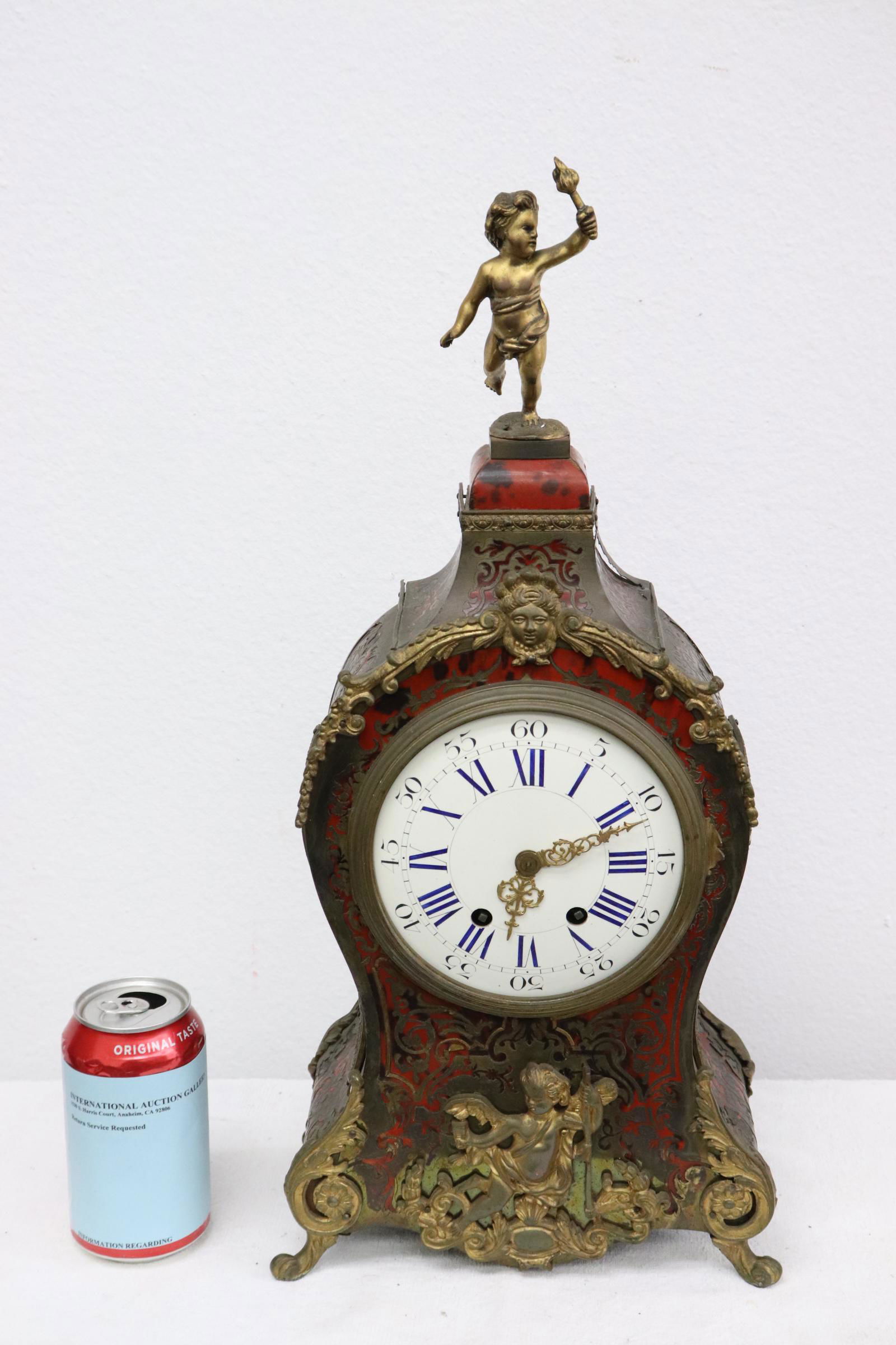 19th c. red boule table clock w/ gilt metal ormolu (1 of 12)