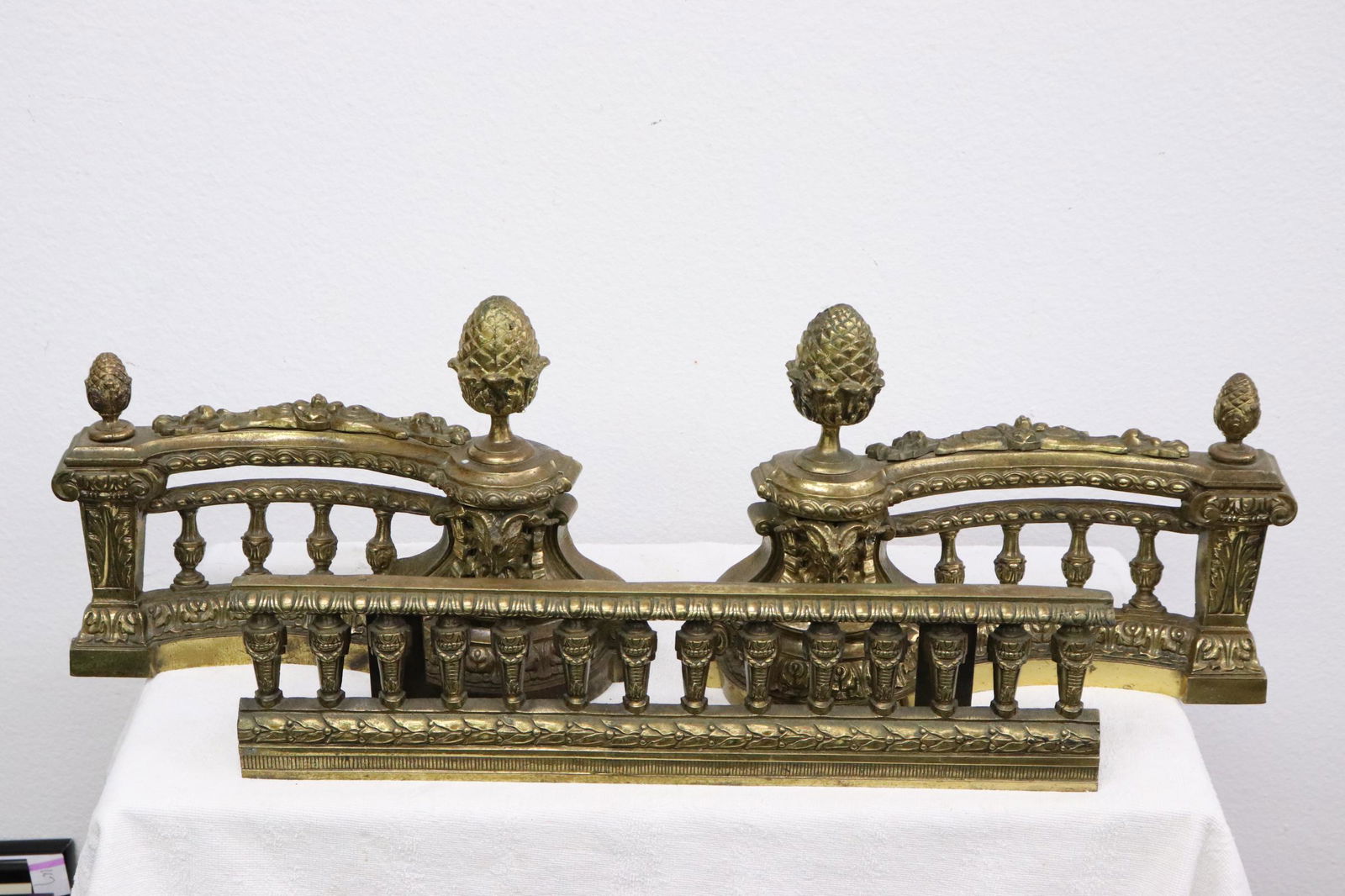 Antique European bronze 3 piece andirons: Antique European bronze 3 piece andirons, 9"x12.5"x4"(2), 4.3"x18"x1"