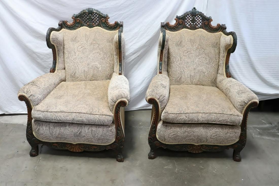 Pair European 19th c. wingback walnut armchairs: Pair beautiful European 19th century wingback walnut armchairs, 47"x35"x35"