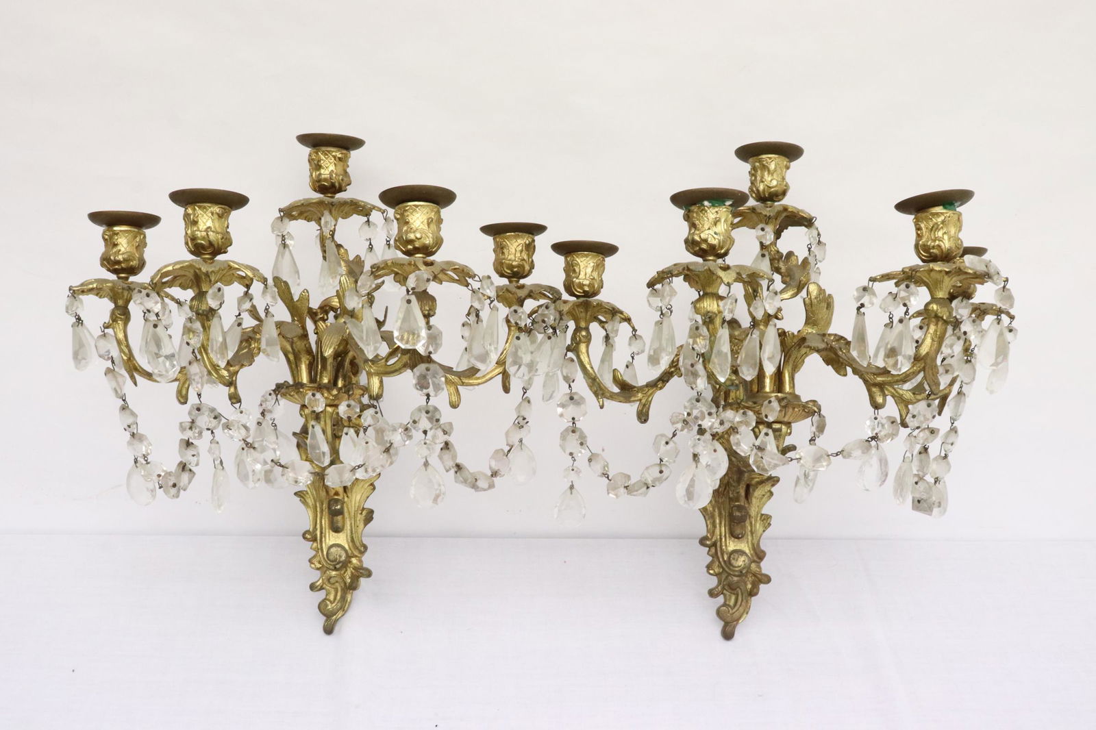Pr vintage gilt bronze and crystal 5-light wall sconces (1 of 14)