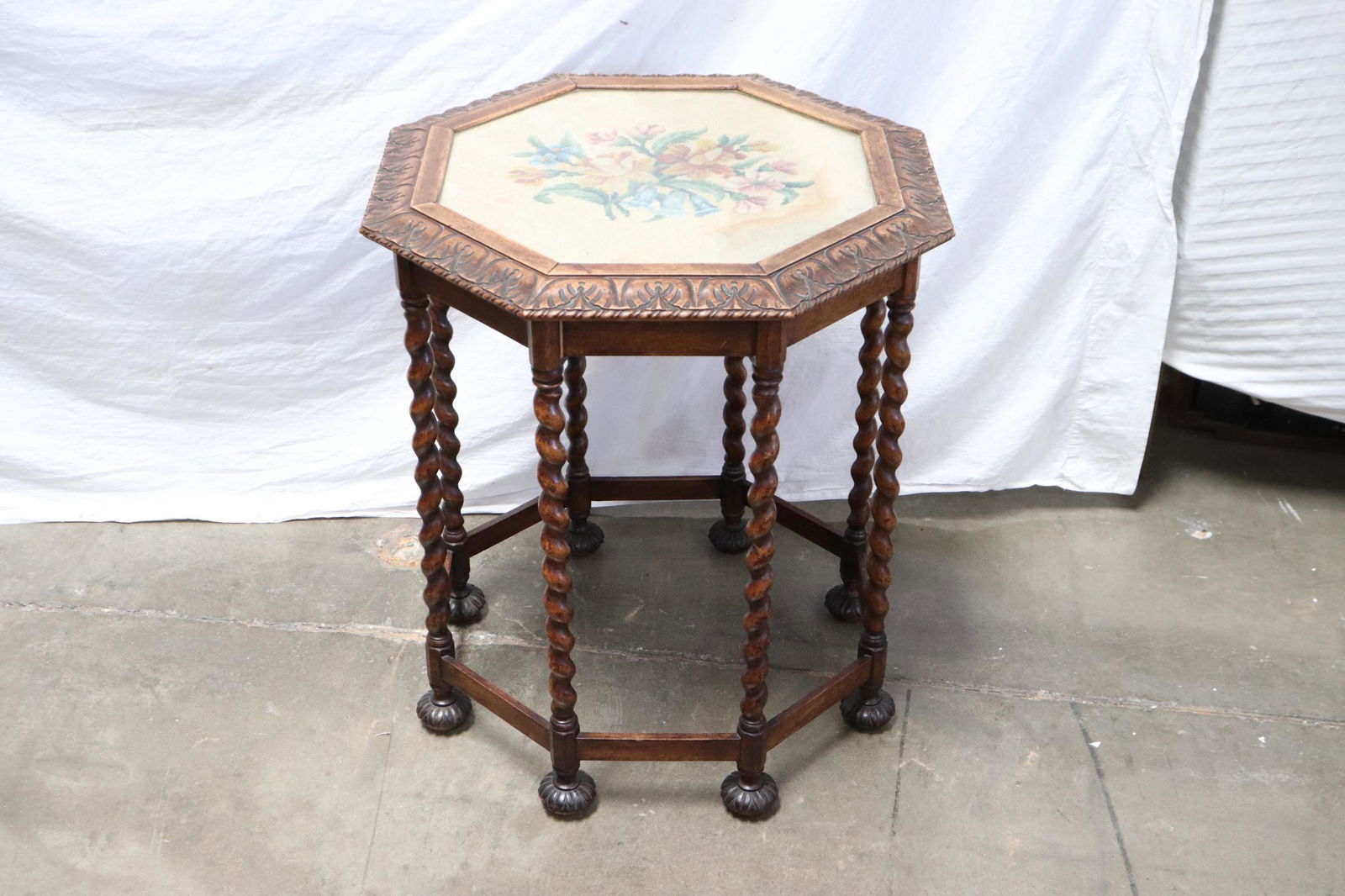 English antique octagonal table w/ needle point top (1 of 9)