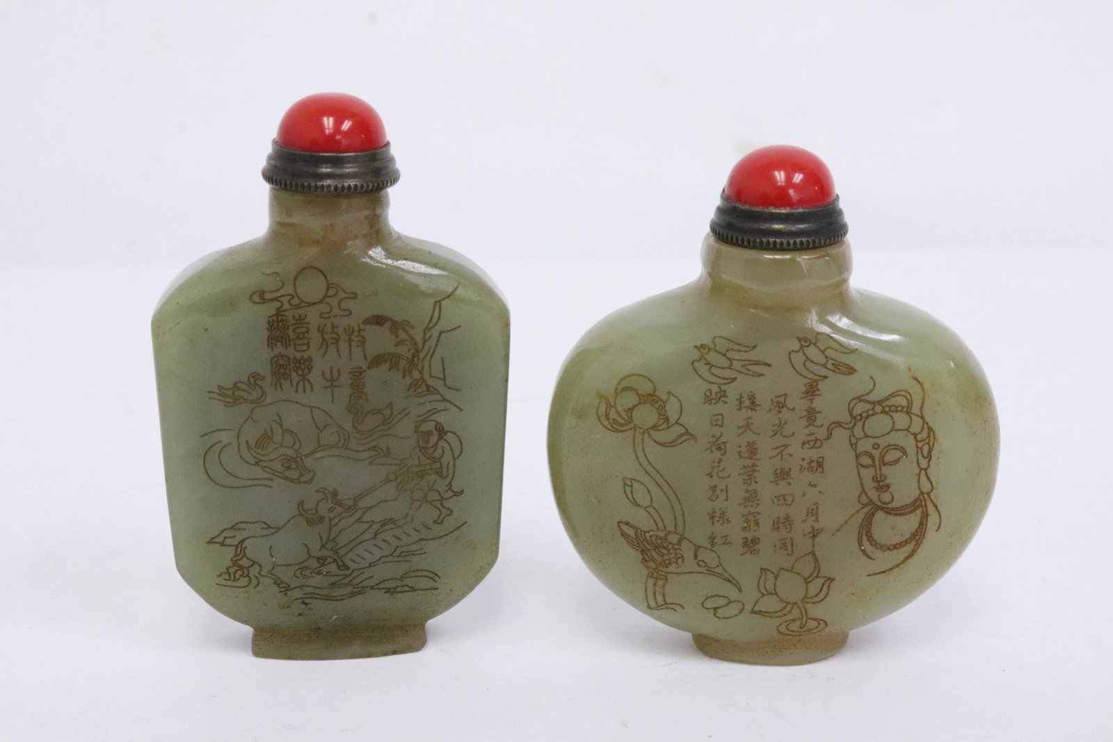 2 celadon jade snuff bottle with calligraphy: 2 celadon jade snuff bottle with calligraphy, 2.6"x2.25"x0.75", 2.9"x1.75"x0.6"