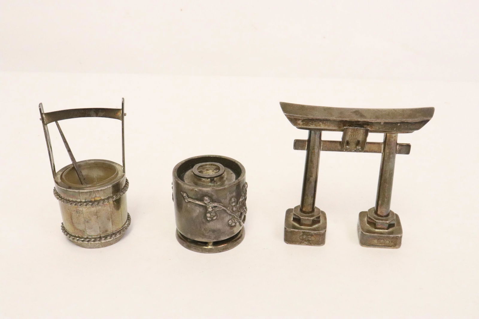 3 pieces Japanese antique silver ornaments: 3 pieces Japanese antique silver ornaments, 1.4"x1.4"dia, 2.7"x1.5"dia, 2.7"x2.6"x0.75"