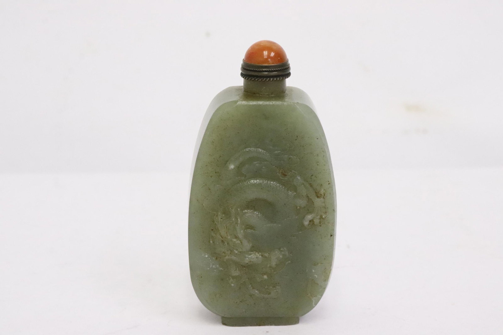 Chinese celadon jade snuff bottle: Chinese celadon jade snuff bottle, 3"x1.5"x0.75"