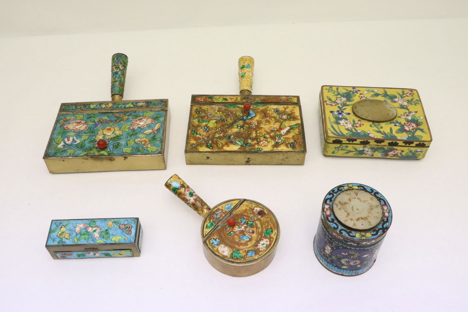 6 Chinese enamel boxes, 2 with jade inset (1 of 11)