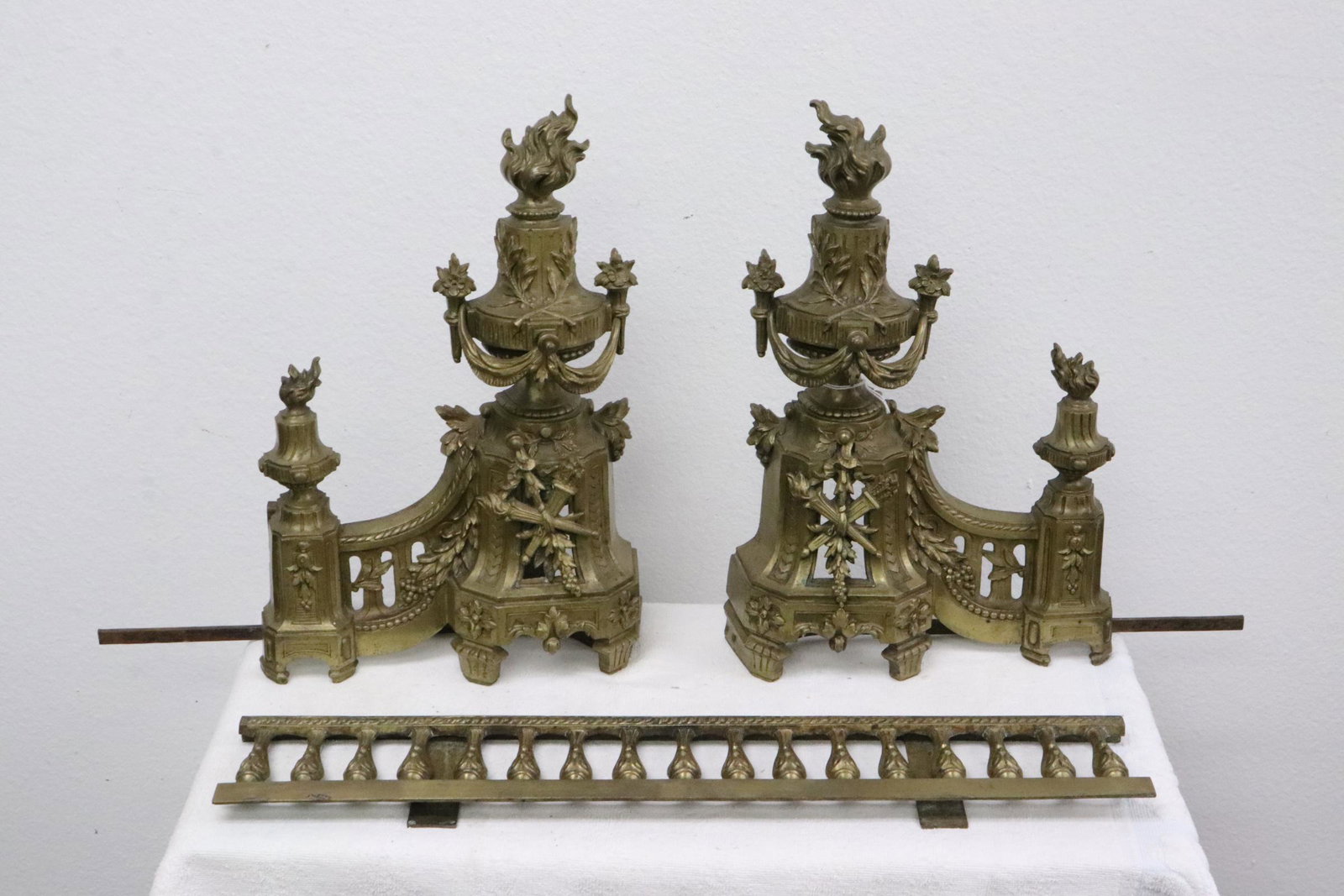 Antique French bronze 3 piece cherets: Antique French bronze 3 piece cherets, 14.7"H(2), 3.8"x21.3"x1"