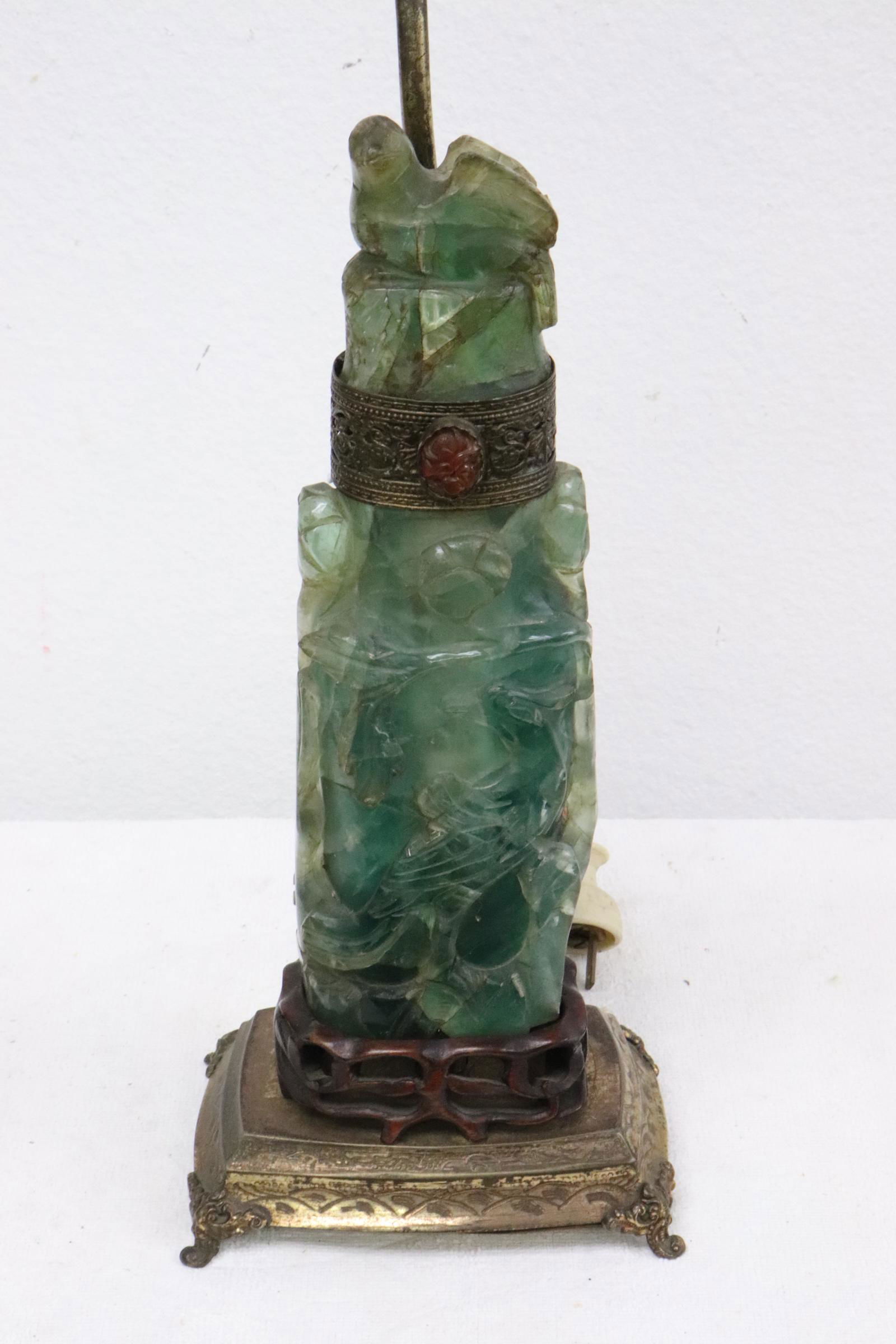 lamp w/ Chinese antique fluoride carved vase: Fine Chinese antique fluoride carved vase, made as lamp (cracks), 24.5"H
