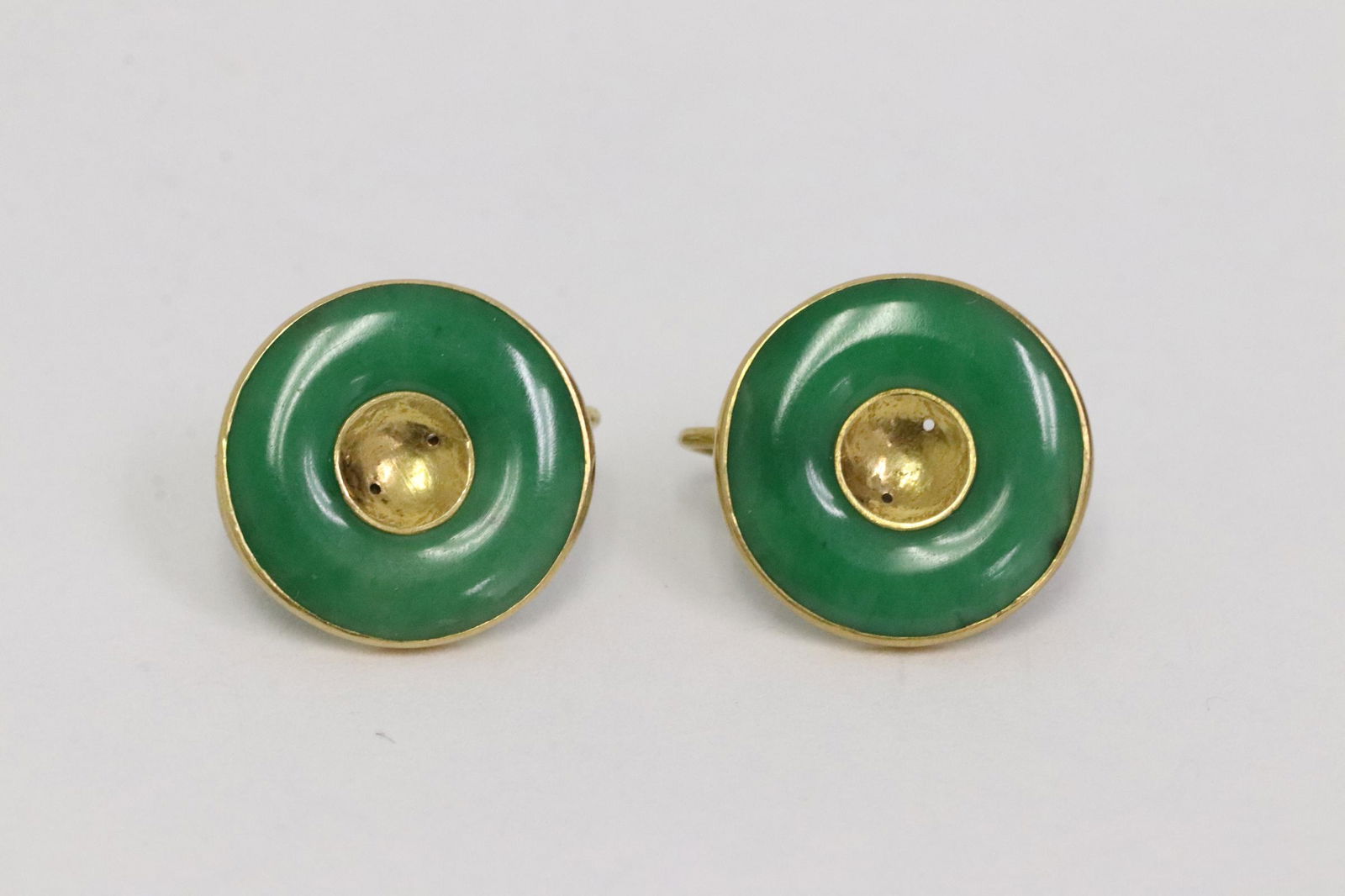 Pair 18K Y/G earrings with apple green jadeite disc (1 of 7)