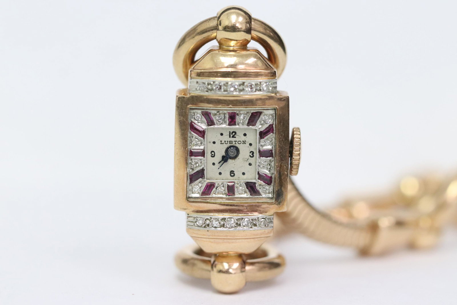 14K watch by Luston w/ 14K & diamons, red stone band (1 of 8)