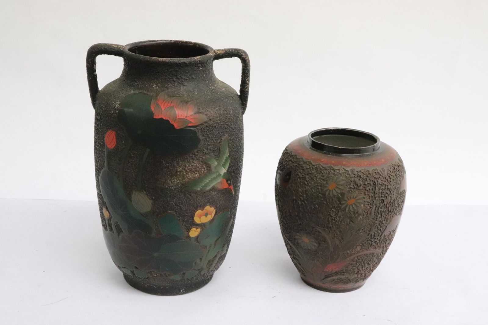 2 Japanese antique cloisonne on earthenware vases: 2 Japanese antique cloisonne on earthenware vases, 4.7"x4"dia, 7.3"x4.6"x4.2"