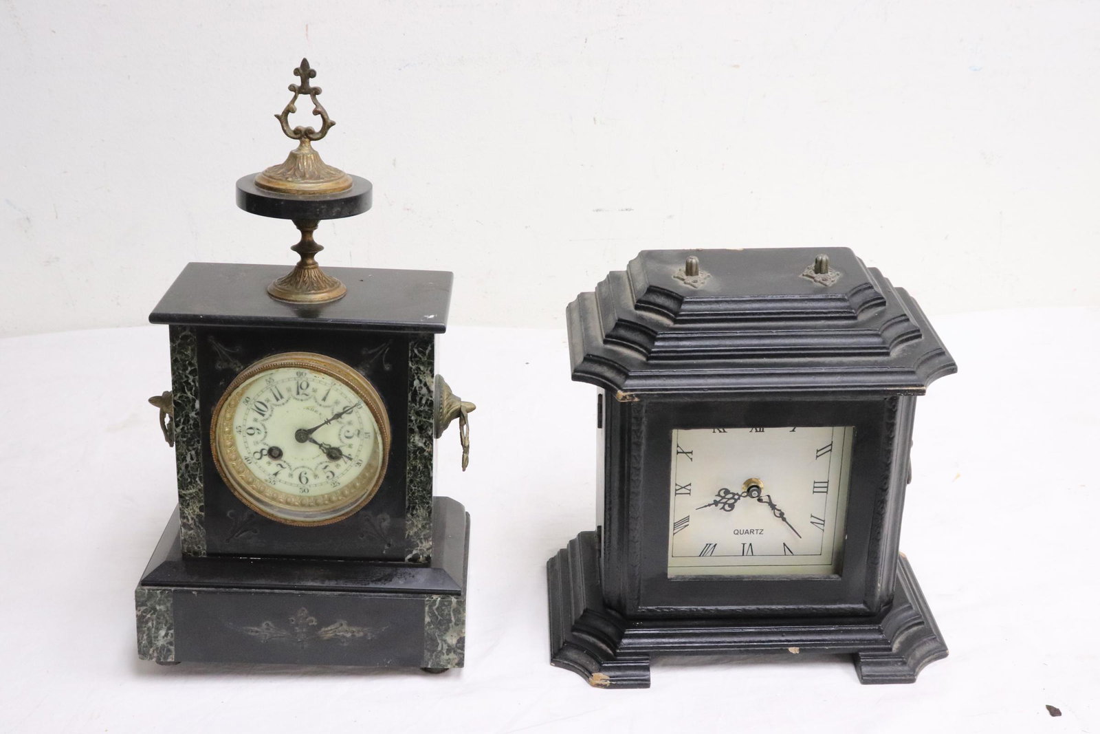 Slab cased antique clock, and a quartz table clock (1 of 11)