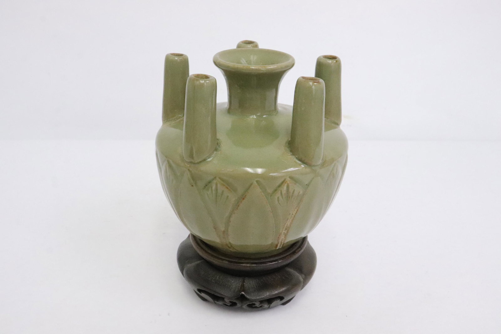 Song style celadon multi-hole porcelain vase: Song style celadon multi-hole porcelain vase, 4.4"x4.3"dia