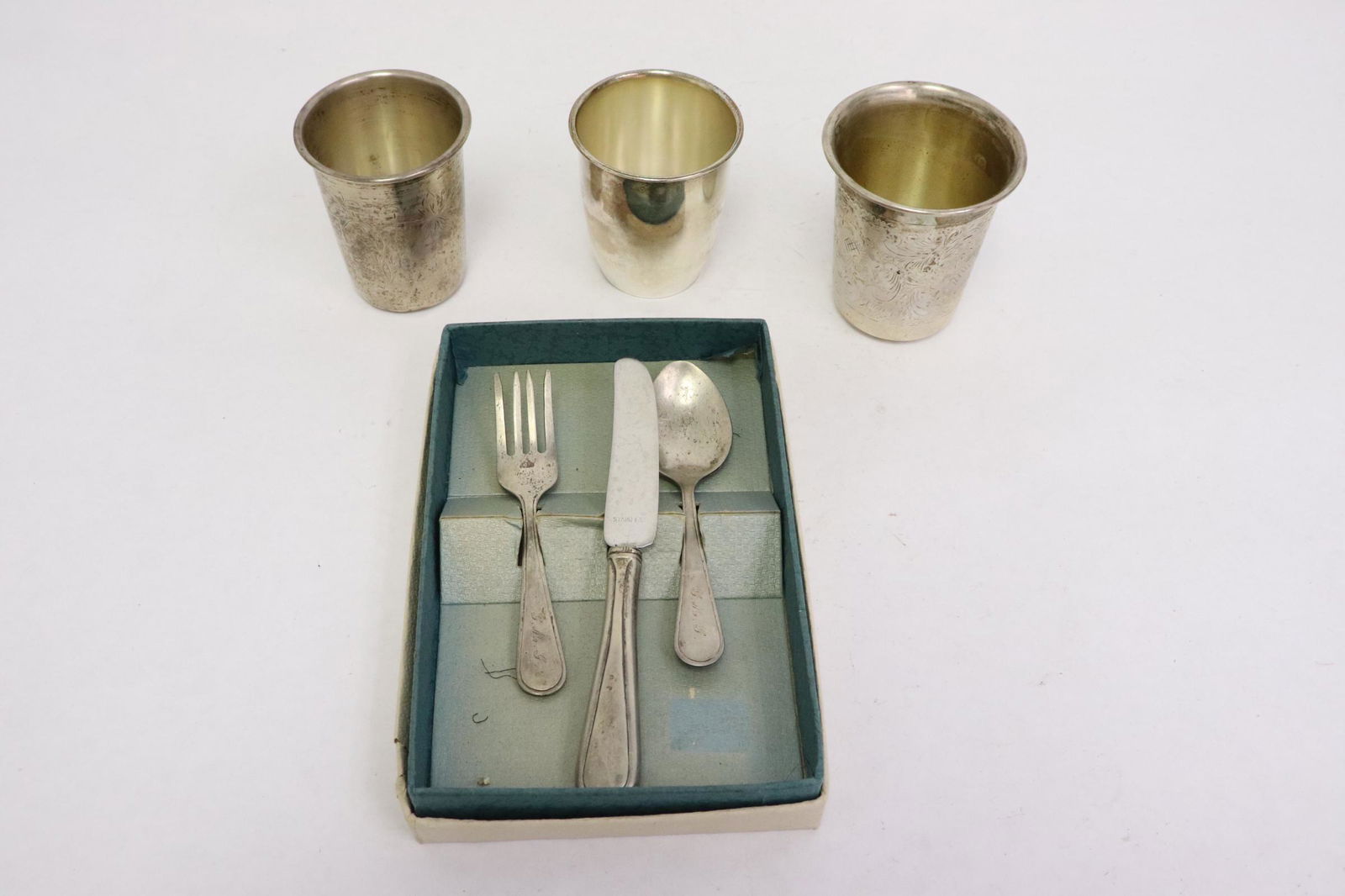 3 silver cups, & 3 pc child sterling spoon & fork set (1 of 9)
