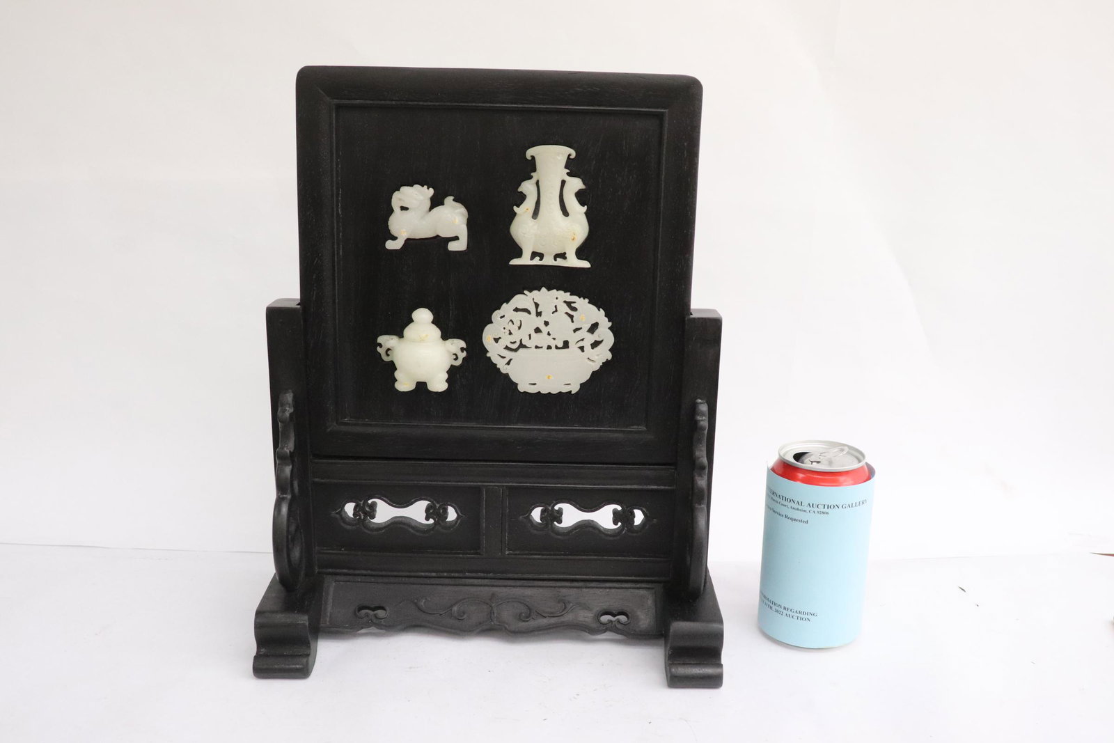 A zitan wood plaque on stand with overlay: A zitan wood plaque on stand with overlay, 13.7"x10.75"x5.8"