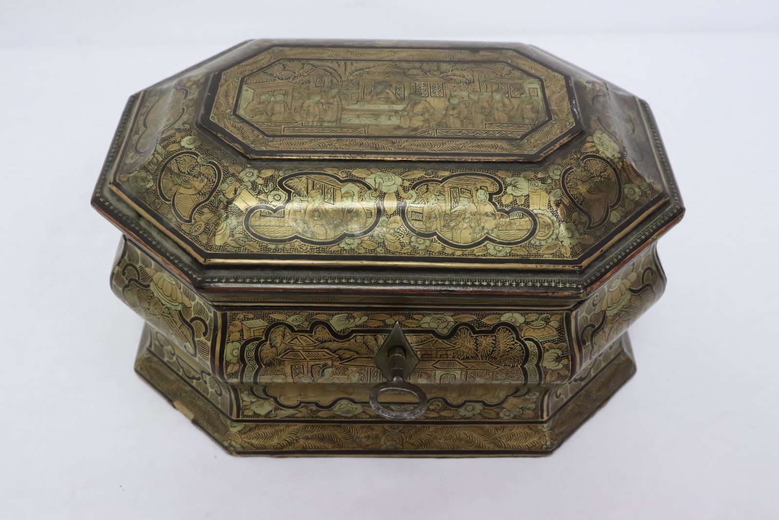 Chinese 19th c. pewter tea caddy w/ lacquer box (1 of 11)