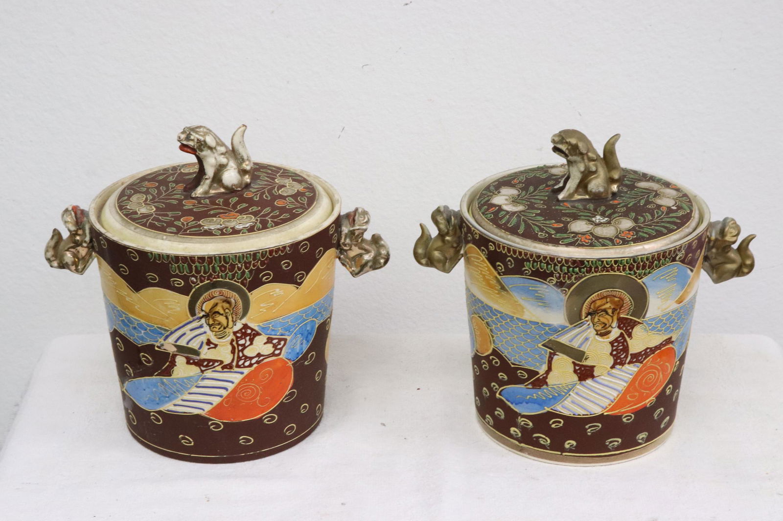 2 unusual Japanese satsuma cookie jars: 2 unusual Japanese satsuma cookie jars, one has crack, 8.9"x9.5"x6.8"