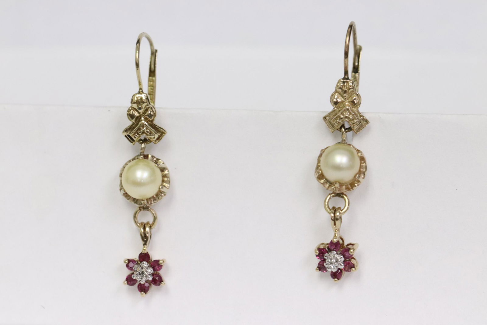 Pair 10K earrings w/ cultured pearl, ruby & diamond (1 of 13)