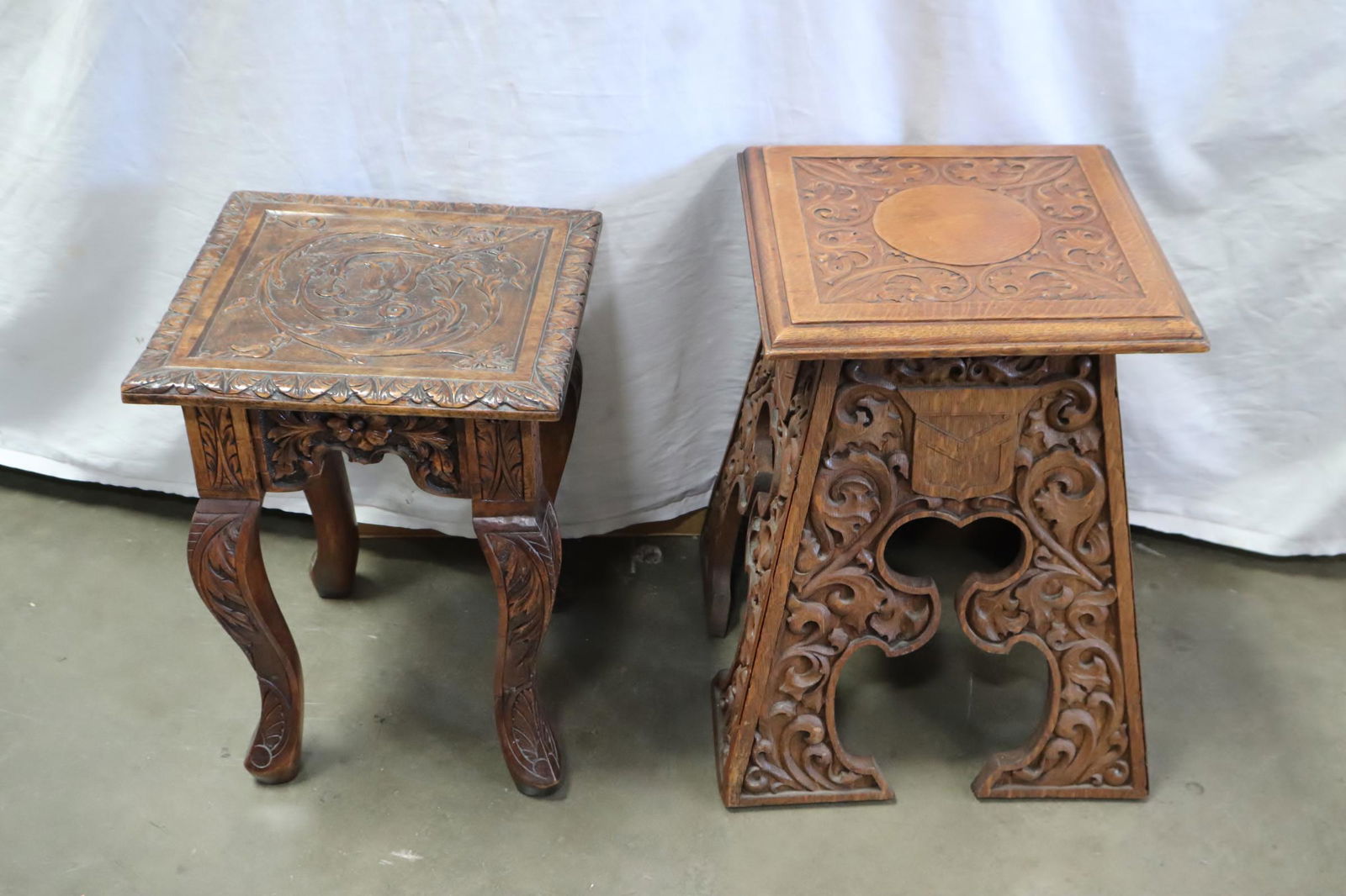2 fine carved tiger oak stools (1 of 10)