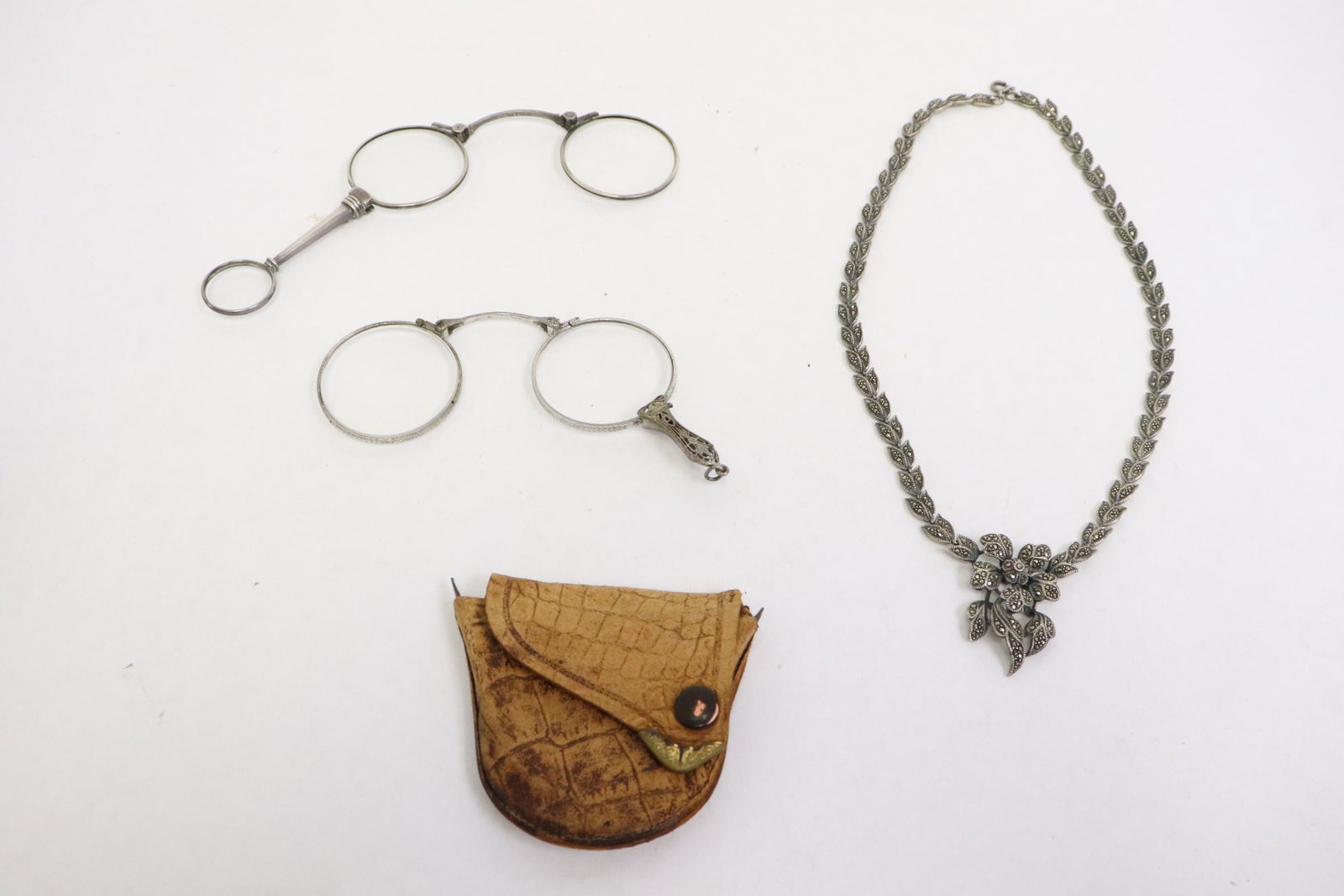 2 sterling lorgnette & a sterling necklace w/ marcasite: 2 fine sterling lorgnette (0.25"x4.15"x1.75") and a beautiful sterling necklace with marcasite,