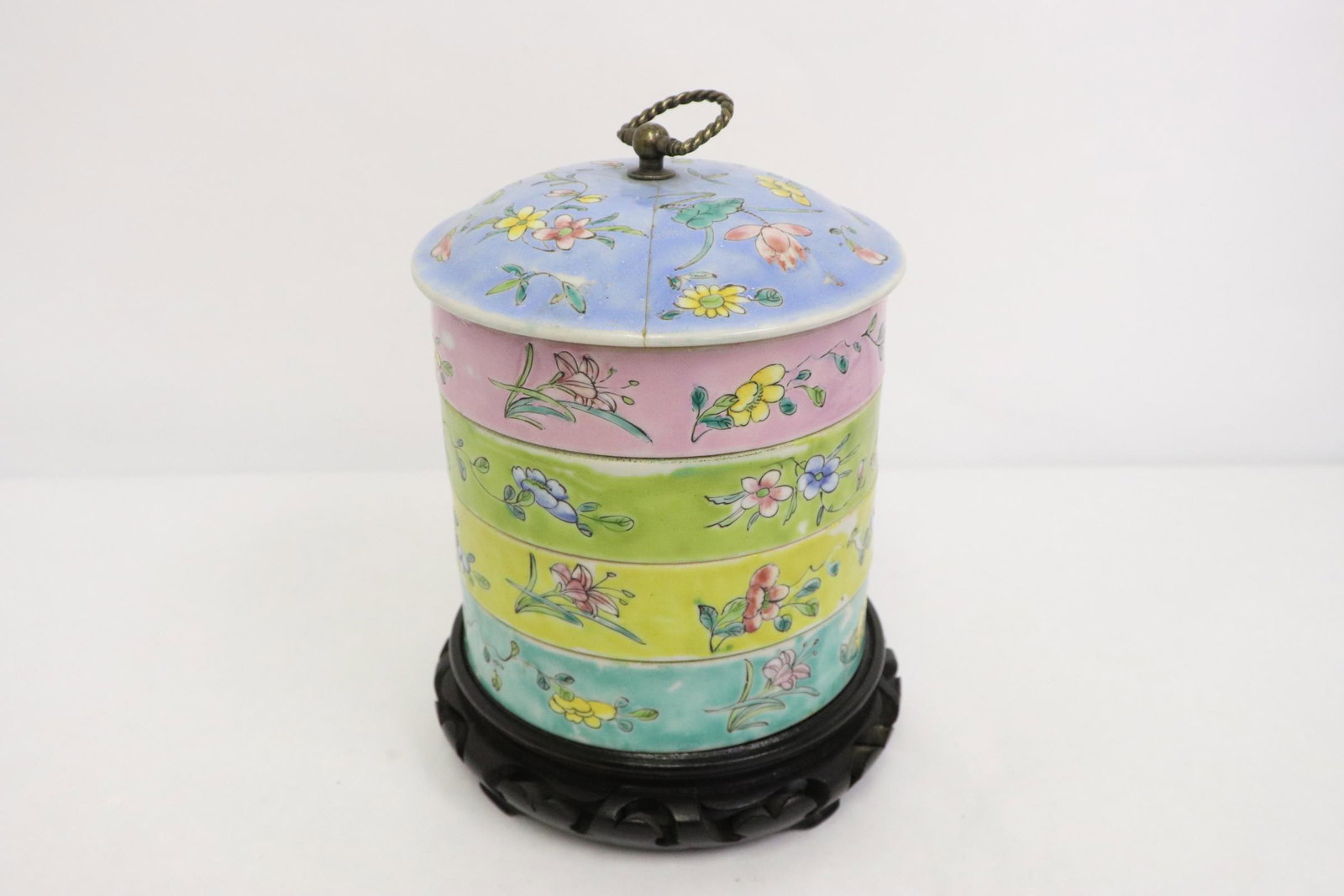 Antique Chinese famille rose stacked candy dish: Antique Chinese famille rose stacked candy dish, cover repair, 7"Hx5"dia