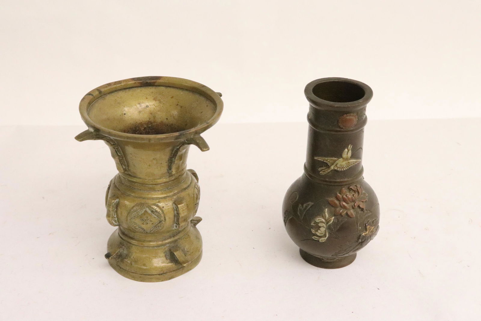 2 Japanese antique bronze shakudu small vases: 2 Japanese antique bronze shakudu small vases, 3.15"x3.1"x3.1", 3.45"x1.8"dia