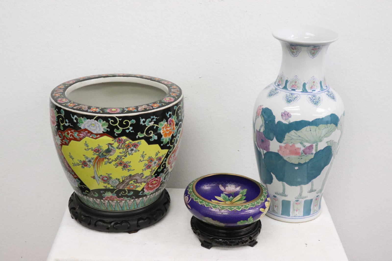 3 pieces: 3 pieces; Chinese famille rose planter (9.3"x10.8"dia), a porcelain vase (16"x8"dia), and a cloisonne bowl (2.5"x7"dia)