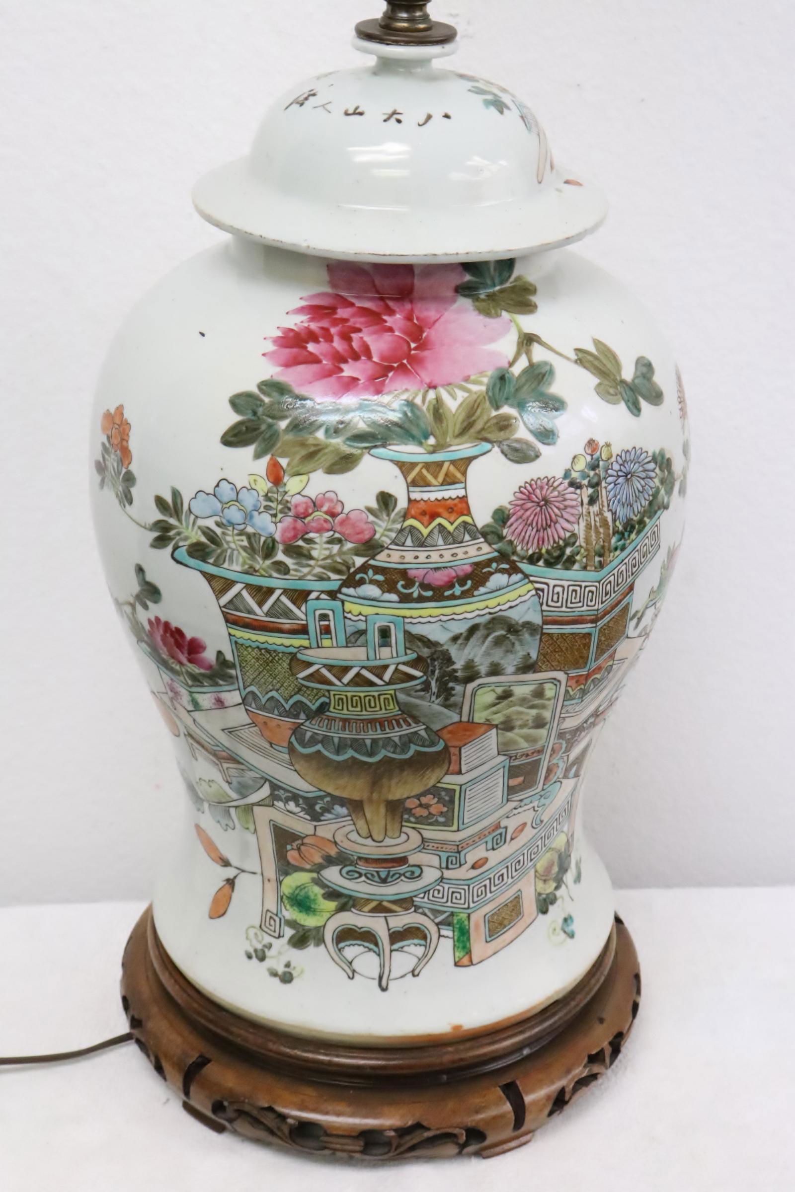 Chinese antique porcelain covered jar, made as lamp (1 of 11)