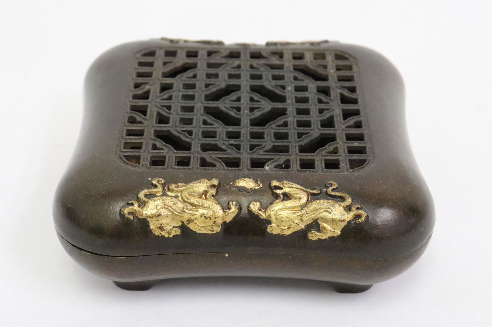 An interesting square bronze covered censer (1 of 9)