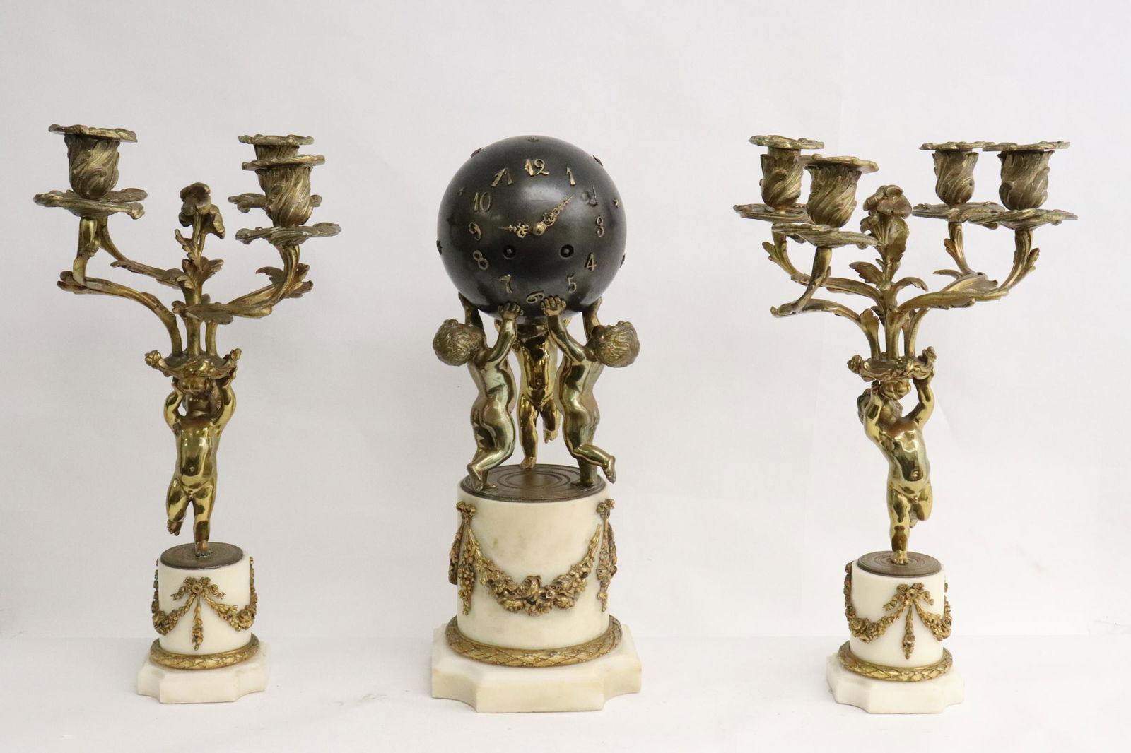 3 pc French 19th c. bronze and marble garniture set (1 of 9)