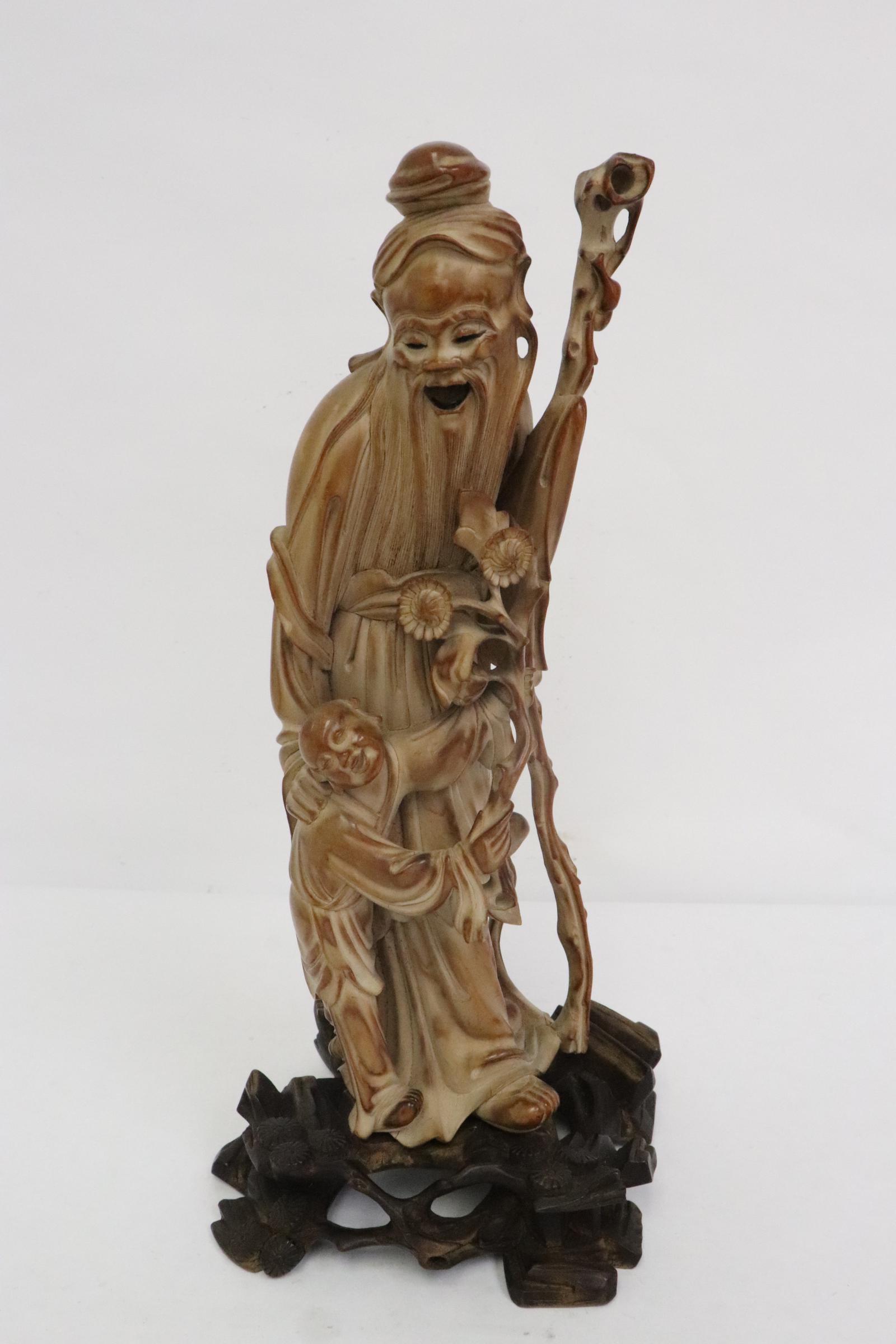 Chinese antique huangyang wood carving: Chinese antique huangyang wood carved deity with original stand, 10.25"H