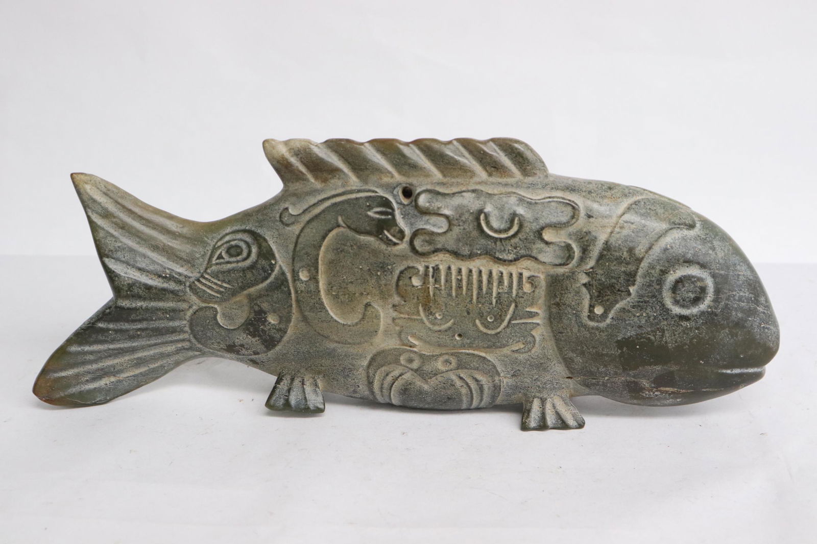 Large Chinese jade like stone carved fish (1 of 10)