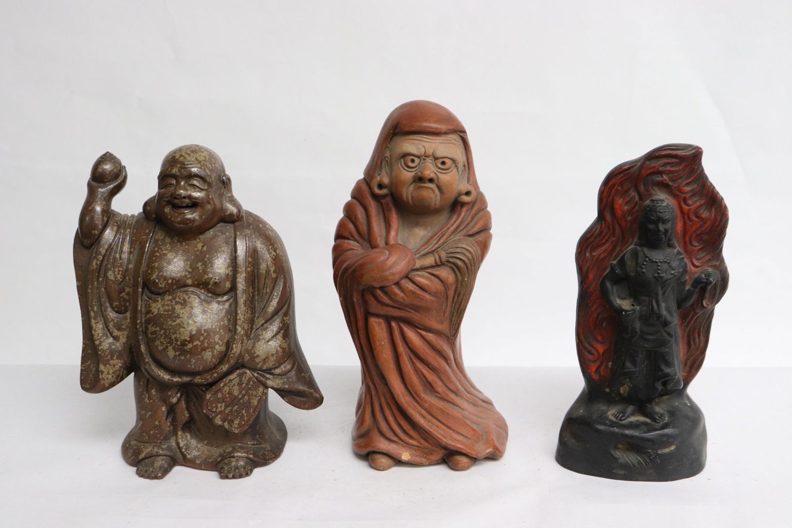 3 vintage Japanese earthenware sculptures: 3 fine vintage Japanese earthenware sculpture of deity, all with maker's mark,8.75"H - 9.8"H