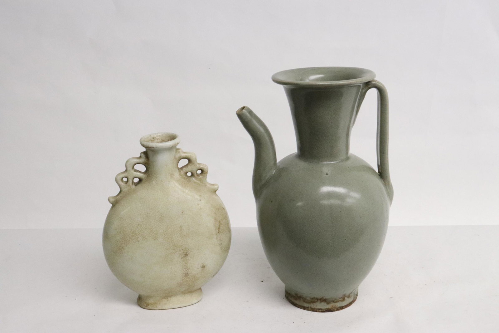 Song style wine server, & a white porcelain flask: Song style wine server (8.75"x5.9"x5"), and a white porcelain flask (6.7"x5"x2.5")