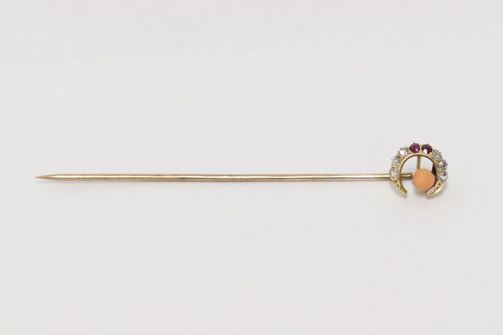 Victorian 9K stick pin w/ diamonds, ruby & coral (1 of 9)