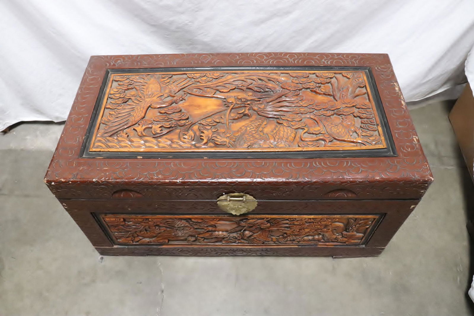 Chinese vintage camphor wood carved trunk (1 of 10)