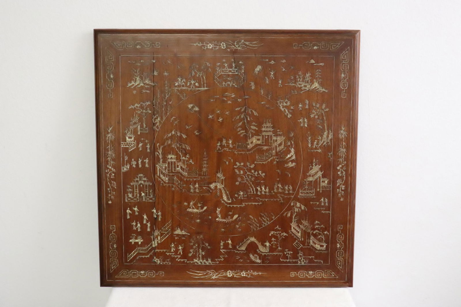 Chinese antique inlaid wood panel, wood crack: Chinese antique inlaid wood panel, wood crack, 25"x25"