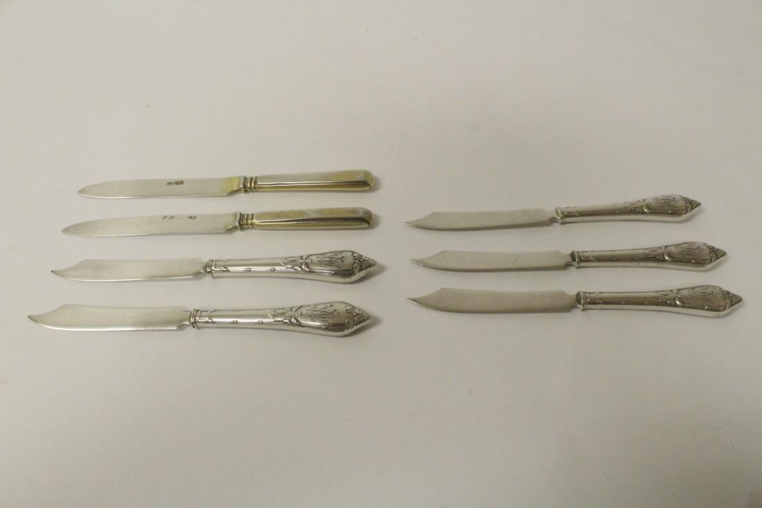 7 Russian antique 84 silver butter knives: 7 Russian antique 84 silver butter knives (7.85"L), the blades are also silver), wt. 230gm, provenance: estate of Baroness Margaret Von Soosten