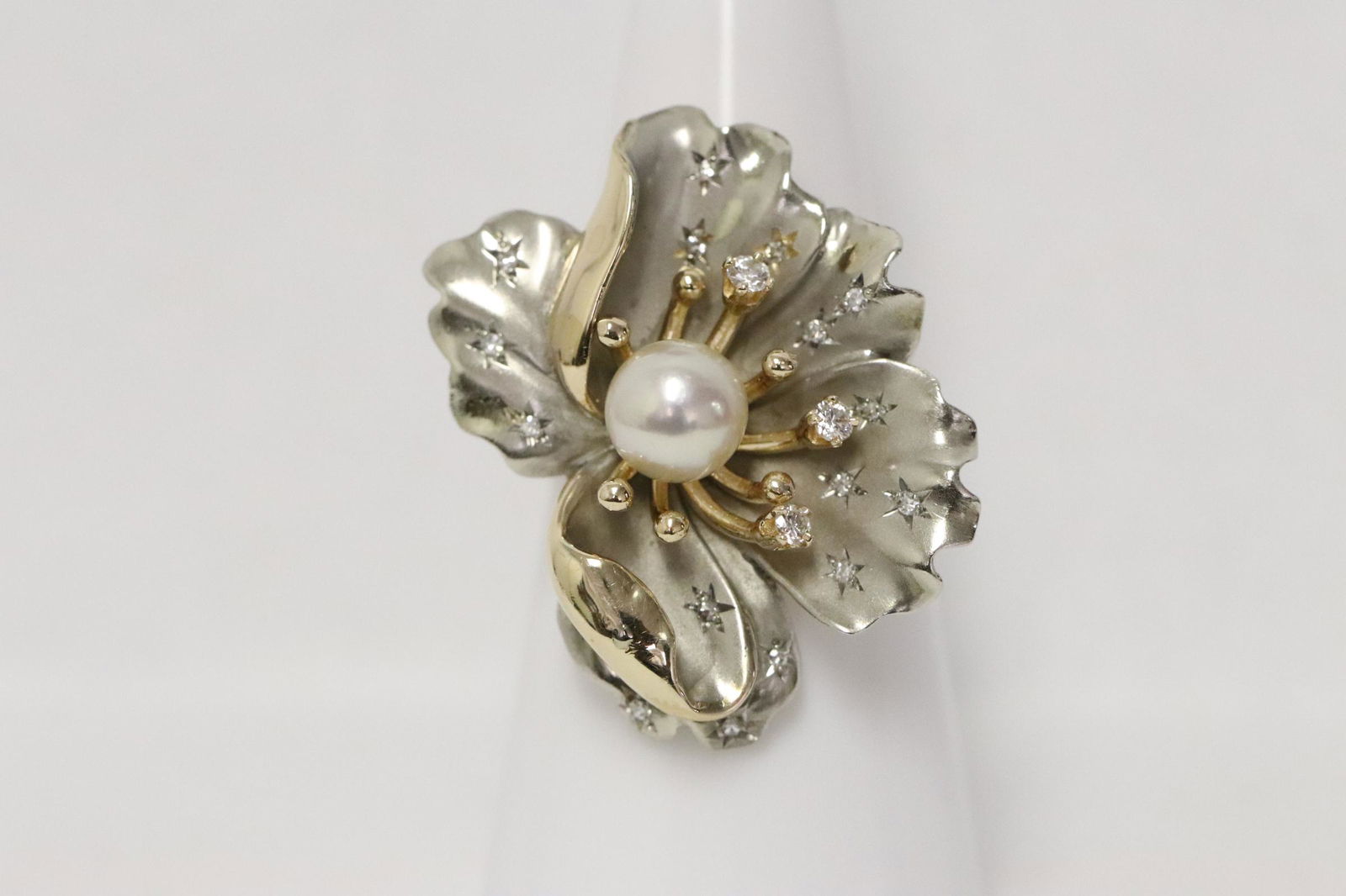 14K bicolor gold diamond, cultured pearl ring (1 of 10)