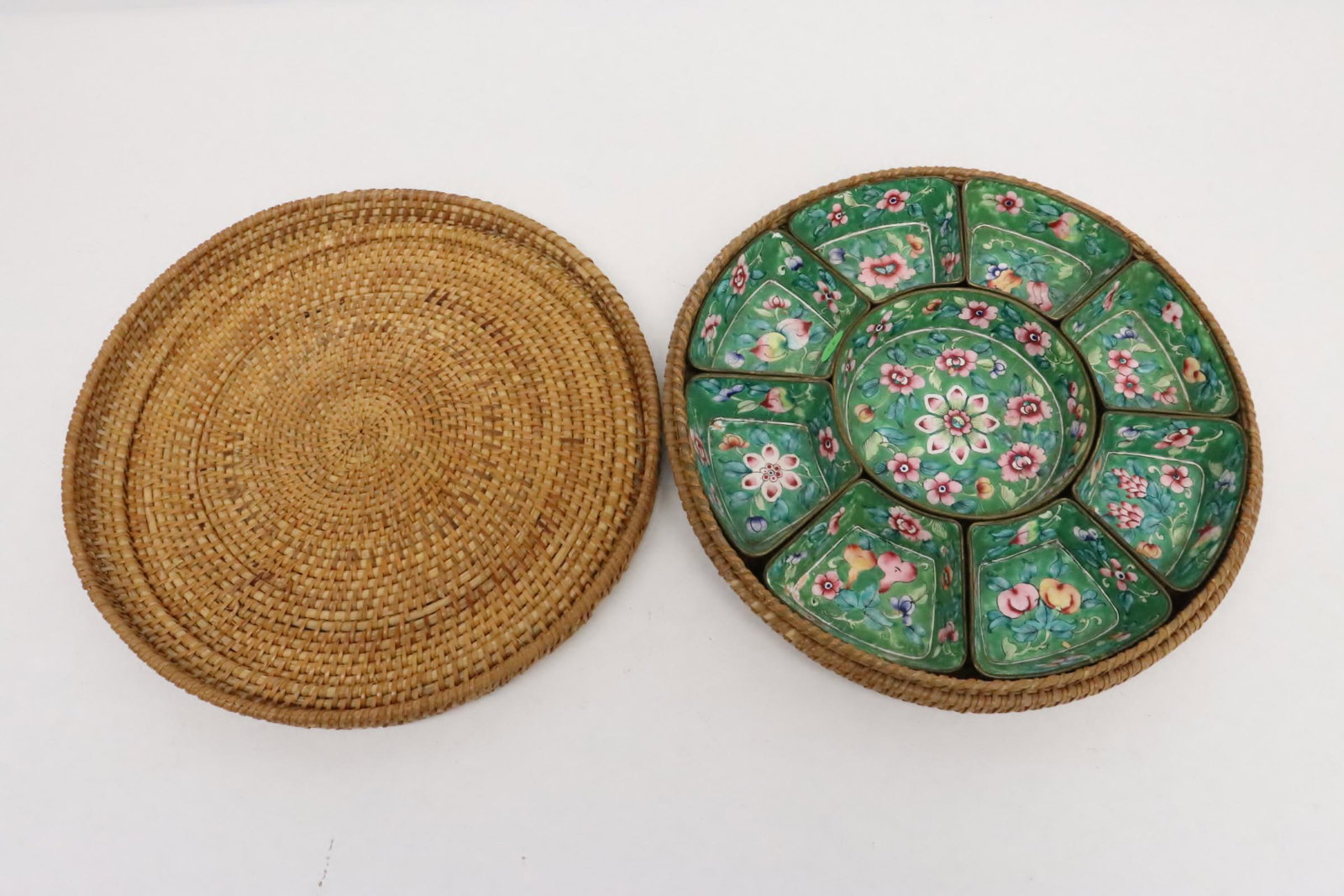 Chinese antique enamel on copper candy set: Chinese antique enamel on copper candy set (1.1"x3.95"x2.95"(8), 1.1"x5.3dia), minor enamel chips on bottom