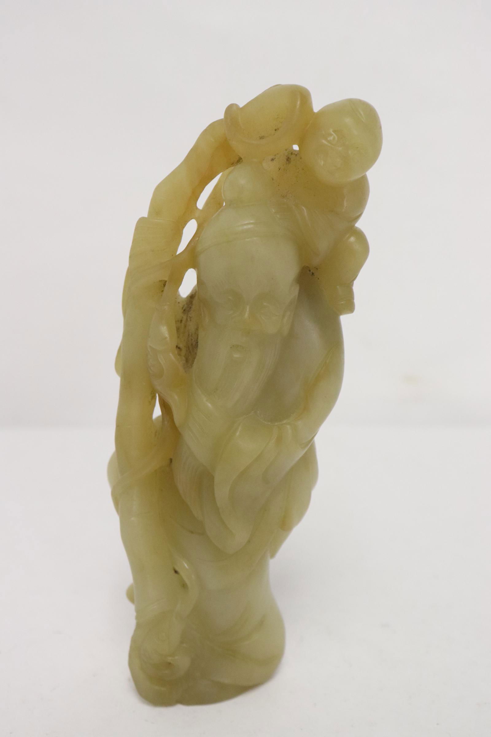 Chinese celadon jade carved god of longevity: Chinese celadon jade carved god of longevity, 5.85"H