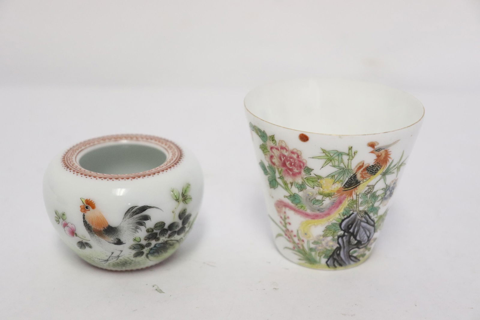 2 famille rose porcelain pieces: 2 pieces; famille rose water dripper (1.75"x2.6"dia) and a famille rose tea cup (2.7"x2.8"dia)